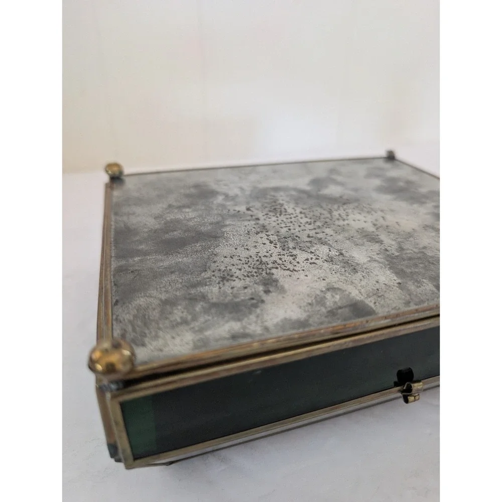 Jewelry Box Etched Floral Stained Glass Green Clear Vintage Glass Trinket FLAW - Picture 14 of 16